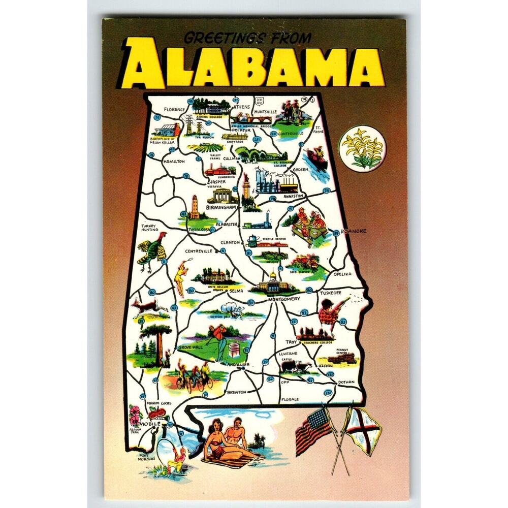 Postcard Greetings From Alabama Map Chrome Turkey Fishing Wild Animals Unposted